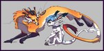 anthro barbel_(anatomy) claws duo feathered_wings feathers feral flesh_whiskers forearms horn long_body pawpads scaled_forearms scales sitting wings kira_larsson mythology dragon eastern_dragon mythological_creature mythological_scalie scalie wingless_dragon