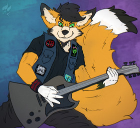 5_fingers anthro black_eyebrows black_hair black_nose bottomwear clothed clothing dipstick_ears dipstick_tail ear_markings electric_guitar eyebrows fingers fur gloves_(marking) green_eyes guitar hair holding_object inner_ear_fluff male markings multicolored_body multicolored_ears multicolored_fur musical_instrument orange_body orange_fur pants plucked_string_instrument shirt simple_background solo string_instrument tail tail_markings tan_inner_ear_fluff topwear tuft vest drakk_art marilyn_manson canid canine fox mammal absurd_res hi_res