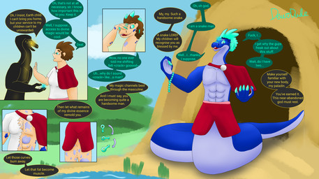 anthro black_body blue_body brown_hair dialogue duo fantasy fantasy_world female ftm_transformation gender_symbol gender_transformation growth hair living_tail male muscle_growth muscular muscular_male profanity snake_tail speech_bubble symbol tail teal_eyes teal_hair text transformation transformation_through_magic unusual_anatomy unusual_tail dewodude deity reptile scalie snake comic english_text hi_res