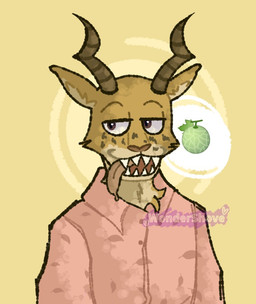 anthro brown_eyes brown_horn clothing fur half-closed_eyes horn male narrowed_eyes red_clothing red_topwear simple_background solo tan_body tan_fur tongue tongue_out topwear yellow_background yellow_body yellow_fur wondershove beastars melon_(beastars) antelope bovid felid gazelle hybrid leopard mammal pantherine 2020 digital_drawing_(artwork) digital_media_(artwork) signature