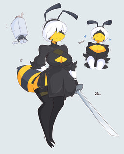 alternate_species anthro big_breasts biped black_clothing black_legwear breast_squish breasts cleavage cleavage_cutout clothed clothing cutout fake_antennae female furrification gloves grey_background grey_hair hair handwear heart_symbol holding_melee_weapon holding_object holding_sword holding_weapon humor legwear melee_weapon non-mammal_breasts pun simple_background solo squish standing striped_body stripes sword thick_thighs thigh_highs visual_pun weapon yellow_body kilinah nier_automata platinumgames yorha_2b arthropod bee hymenopteran insect 2020 hi_res