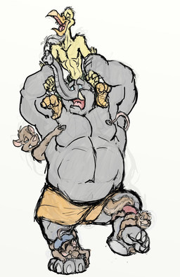 anthro beak biped brown_body brown_fur eyes_closed feathers feet fur group laugh loose_feather male navel nipple_fetish nipple_play nipples open_mouth open_smile orange_beak orange_talons pecs proboscis_(anatomy) simple_background sitting_on_shoulders size_difference smile tail_tickle tickle_fetish tickling tickling_chin tickling_feet tickling_legs tickling_nipples tickling_thighs tongue trunk_(anatomy) white_background yellow_body yellow_feathers kctk avian bird elephant elephantid mammal mouse murid murine proboscidean rodent sciurid stork tree_squirrel hi_res