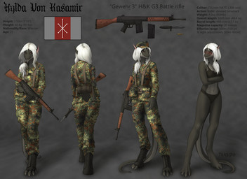 anthro assault_rifle athletic athletic_anthro athletic_female bayonet biped blush boots bottomwear breasts camo camo_bottomwear camo_clothing camo_pants camo_print camo_shirt camo_topwear claws clothed clothing digitigrade female flag flag_(shape) flag_design footwear grey_body grey_skin gun hair hat headgear headwear holding_gun holding_object holding_ranged_weapon holding_weapon imperial_unit knife looking_at_viewer magazine_(gun) metric_unit non-mammal_breasts number pants pattern_bottomwear pattern_clothing pattern_pants pattern_shirt pattern_topwear ranged_weapon red_eyes rifle shirt shoes side_view simple_background skimpy solo standing tail text toe_claws topwear underwear unit weapon white_hair tokaido european_mythology mythology hylda_von_kasamir dragon mythological_creature mythological_scalie scalie western_dragon wingless_dragon 2015 character_name digital_media_(artwork) english_text model_sheet