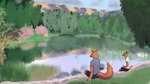 anthro clothing duo female fishing fishing_rod fur grass lake leaf male mountain orange_body orange_fur plant reflection shirt sky snout splash tail topwear tree water deepslumber canid canine fox mammal 16:9 hi_res widescreen