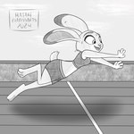 action_pose anthro bodily_fluids bottomwear bra clothing disney female greyscale happy hatakeclarissarts hi_res judy_hopps jumping lagomorph leporid mammal midriff monochrome open_mouth open_smile outside pose rabbit running shorts smile solo sports_bra sweat underwear winner zootopia