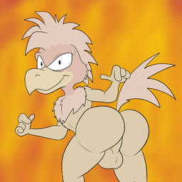 anthro backsack balls butt chest_tuft feathers fire genitals gesture hand_gesture looking_at_viewer looking_back male multicolored_body multicolored_feathers nude pointing pointing_at_self solo tan_body tan_feathers tuft two_tone_body two_tone_feathers darkajugin jack_(webcomic) nathan_(jack) avian bird 1:1 hi_res