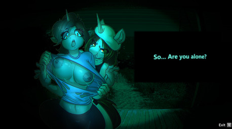 anthro areola assisted_exposure beret big_breasts breasts clothing dialogue duo female female/female hat headgear headwear horn looking_at_viewer night_vision nipples text torn_clothing user_interface witchtaunter hasbro my_little_pony mythology no_i'm_not_a_human fan_character equid equine mammal mythological_creature mythological_equine unicorn 2025 absurd_res english_text hi_res