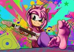 anthro barefoot clothed clothing electric_guitar feet female foot_focus gloves green_eyes guitar guitar_pick handwear musical_instrument musical_note musical_symbol pink_body plucked_string_instrument soles solo string_instrument symbol toes lucaskmproject sega sonic_the_hedgehog_(series) amy_rose eulipotyphlan hedgehog mammal absurd_res hi_res