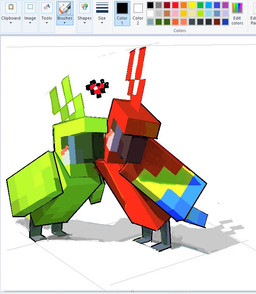 ambiguous_gender art_program_in_frame biped bipedal_feral blush duo feathers feral green_body green_feathers heart_symbol looking_at_another looking_at_partner red_body red_feathers text raviolicraft microsoft microsoft_paint_(copyright) minecraft mojang xbox_game_studios avian bird parrot parrot_(minecraft) 2024 aliasing digital_media_(artwork) english_text microsoft_paint_(artwork)