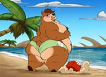 anthro beach belly_nipples big_butt blush breast_growth breasts butt claws clothing cloud cooler female gender_transformation growth huge_butt male mtf_transformation multi_nipple nipples open_mouth overweight overweight_anthro overweight_female overweight_male palm_tree paws plant sand seaside solo surprise swimming_trunks swimwear thick_thighs transformation tree weight_gain gillpanda bear mammal hi_res