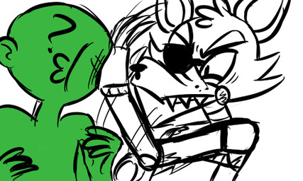 ?_face anthro duo eye_patch eyewear hook hook_hand machine male simple_background slap white_background inkyfrog five_nights_at_freddy's scottgames anon foxy_(fnaf) animatronic canid canine fox human mammal robot 2015 5:3 low_res partially_colored