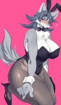 anthro big_breasts biped black_clothing blush bow_(feature) bow_tie breasts bunny_costume chest_tuft cleavage clothed clothing costume cuff_(restraint) fake_ears fake_rabbit_ears female footwear fur grey_body grey_fur hair high_heels highleg highleg_leotard huge_breasts inner_ear_fluff kemono kneeling legwear leotard pantyhose pink_background purple_hair restraints shoes simple_background solo thick_thighs three-quarter_view translucent translucent_clothing tuft wide_hips wrist_cuffs sgsix canid canine canis mammal wolf full-length_portrait portrait