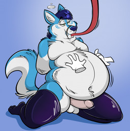 anthro arms_tied aroused aroused_face aroused_male balls belly belly_expansion belly_inflation belly_rub big_belly bloated blue_background blue_body blue_fur blue_hair bound cheek_bulge cheek_markings clothing disembodied_hand erection expansion facial_markings front_view fur genitals green_eyes hair hands_behind_back head_markings hose hose_in_mouth hose_inflation humanoid_genitalia humanoid_penis inflation kneeling latex latex_clothing latex_legwear latex_stockings legwear liquid_inflation love_handles male markings mouth_closed muzzle_(object) muzzled navel nude overweight overweight_anthro overweight_male penis simple_background slosh sloshing_belly solo stockings water_inflation white_balls white_belly white_body white_fur wobbling wobbling_belly remmyfox wintie canid canine canis domestic_dog husky hybrid mammal nordic_sled_dog spitz wolf hi_res
