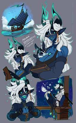 black_sclera blue_body blue_eyes bodily_fluids book breasts cleavage clothed clothing female hooves horn ship solo tears vehicle watercraft helixel wmdiscovery93 azura_(wmdiscovery93) demon enoki_(helixel) humanoid lagomorph leporid mammal rabbit digital_media_(artwork) hi_res