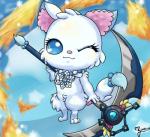 blue_body blue_eyes blue_fur chest_tuft dipstick_tail ear_tuft fire fluffy fluffy_tail fur jewelry markings melee_weapon multicolored_tail necklace one_eye_closed polearm scythe snowflake solo tail tail_markings tuft weapon white_body white_fur wink airikemosuki jewelpet sanrio sega sega_fave larimar_(jewelpet) arctic_fox canid canine fox mammal true_fox 2018