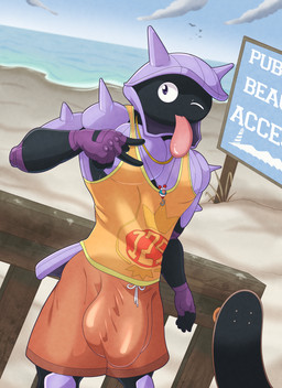 5_fingers anthro anthrofied athletic athletic_anthro athletic_male beach big_bulge big_tongue biped black_arms black_face black_fingers black_hands blue_sky bulge clothing cloud featureless_chest fence fingerless_gloves fingers gesture gloves hand_gesture handwear huge_bulge humanoid_hands hyper hyper_bulge jewelry looking_at_viewer male necklace one_eye_closed orange_clothing orange_swimming_trunks orange_swimwear outside pink_tongue pokemorph posing_for_picture purple_arms purple_body purple_chest purple_clothing purple_fingerless_gloves purple_gloves purple_handwear sand sea seaside shirt skateboard sky solo standing swimming_trunks swimwear tank_top text text_on_clothing text_on_shirt text_on_tank_top text_on_topwear tongue tongue_out topwear v_sign vehicle water white_clouds wink winking_at_viewer wood wood_fence pique_raj nintendo pokemon aquatic bivalve generation_1_pokemon mollusk pokemon_(species) shellder 2025 digital_drawing_(artwork) digital_media_(artwork) english_text hi_res