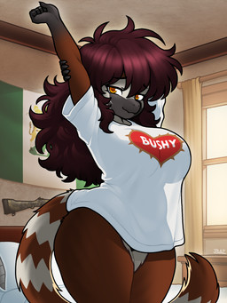 anthro biped breasts brown_body clothed clothing detailed_background female fur gun inside looking_at_viewer pupils ranged_weapon smile solo weapon white_clothing blazbaros dinosaur prehistoric_species reptile scalie 2026 3:4 digital_media_(artwork) hi_res