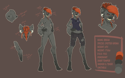 anthro breasts dreadlocks facial_piercing female hair nipple_piercing nipples nose_piercing piercing red_hair solo spots text hairlessboyblunder hyena mammal spotted_hyena english_text model_sheet