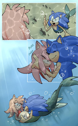 5_fingers air_bubble alternate_form alternate_species anthro belly black_nose blue_quills blush blush_lines bubble closed_smile clothed clothed_female clothing duo eyes_closed female fin fingers fish_tail gills green_eyes green_tail hair iris legless looking_at_another looking_up looking_up_at_another male mermaidification mouth_closed nuzzling open_mouth open_smile pink_hair pink_quills pregnant pupils purring quill_hair quills_(anatomy) sea smile snout sonamy split_form tail tail_fin tan_arms tan_belly tan_hands tan_inner_ear tan_mouth underwater water arantarisu_yamu sega sonic_the_hedgehog_(series) amy_rose sonic_the_hedgehog aquatic eulipotyphlan hedgehog mammal merfolk 2026 5:8 comic hi_res