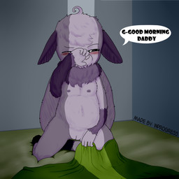 anthro areola bed bedding blanket dialogue female flat_chested furniture genitals kneeling loli morning nipples nude solo text tired vulva waking_up young young_anthro young_female inprogress juno_(inprogress) arthropod insect lepidopteran moth 1:1 absurd_res english_text hi_res