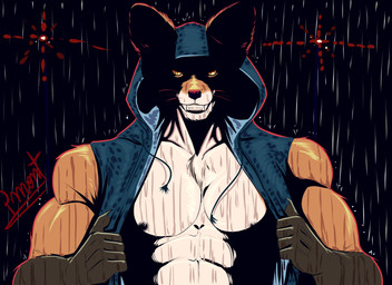 abs angry anthro biceps black_nipples black_nose blue_clothing blue_hood brown_body brown_fur brown_hands closed_smile clothed clothing clothing_grab countershading fangs fur hood hoodie looking_at_viewer male mouth_closed muscular muscular_anthro muscular_male nipples orange_body orange_fur pecs raining simple_background smile solo teeth topwear vest wet wet_body wet_clothing whiskers white_body white_fur yellow_eyes pinumontbalou canid canine fox mammal red_fox true_fox hi_res