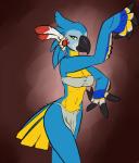 anthro bandeau beak blue_body blue_feathers bottomwear breasts clothed clothing crossgender feathers female head_crest loincloth looking_at_viewer midriff mtf_crossgender non-mammal_breasts orange_eyes solo standing topwear wings konkitty breath_of_the_wild nintendo the_legend_of_zelda kass_(tloz) avian bird rito 2017 hi_res portrait three-quarter_portrait