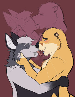 anthro blush duo eyes_closed facial_hair fangs holding_another holding_face kissing long_tongue looking_at_another making_out male male/male mustache teeth tongue wings werewhisky kaz_(werewhisky) velbat_(velthrick) bat leaf-nosed_bat mammal microbat mustelid otter vampire_bat yangochiropteran 2026 hi_res