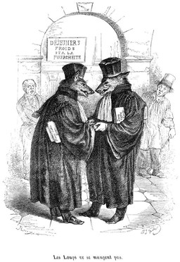 anthro clothing duo evil_grin footwear hat headgear headwear male shoes simple_background smile text vintage white_background jean_grandville jean_ignace_isidore_gerard canid canine canis human mammal wolf french_text monochrome