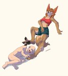 3_toes angry anthro bottomwear breasts brown_body brown_fur clothing crop_top duo eyeless feet female female_anthro foot_fetish foot_grab fur human_on_anthro interspecies leg_grab lying male male/female male_human male_on_anthro nude_human nude_male on_side open_mouth pawpads paws shirt shorts simple_background spread_toes tan_background tan_body tan_fur toes tongue tongue_out topwear under_boob wumiaow canid canine human mammal hi_res