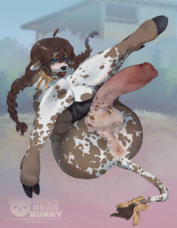 anthro anus arms_tied ball_gag balls barely_visible_breasts bdsm big_butt big_penis blue_eyes bound braided_pigtails breasts brown_body brown_hair butt foreskin gag gagged genitals gradient_background gynomorph gynomorph_anthro hair hooves horn huge_penis intersex intersex_anthro markings penis puckered_anus restrained restrained_arms simple_background sitting solo spots spotted_body submissive submissive_anthro submissive_gynomorph submissive_intersex tail tail_tuft thick_thighs tuft white_body wide_hips milkbearbunny mimi_(milkbearbunny) bovid bovine cattle mammal hi_res nonbinary_(lore)
