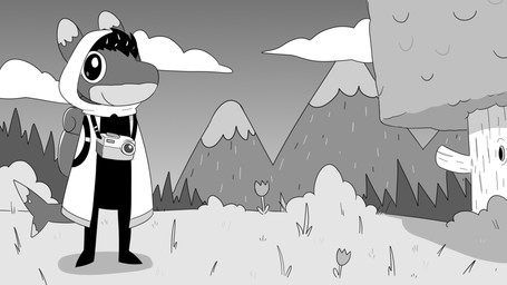 anthro armless backpack camera clothed clothing cloud detailed_background flower grass hood looking_at_viewer male mountain plant smile solo tail tree atherol toem vtuber pressie_(nerdshark) aquatic carcharhinus fish oceanic_whitetip_shark requiem_shark shark 16:9 black_and_white hi_res monochrome widescreen