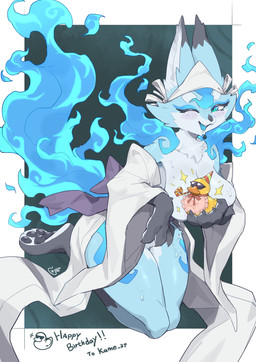 anthro blue_body blue_eyes blue_fur blush bodily_fluids breasts clothed clothing female fur kemono smile solo xoty_233 yuurei-chan canid canine fox ghost mammal spirit yurei absurd_res hi_res