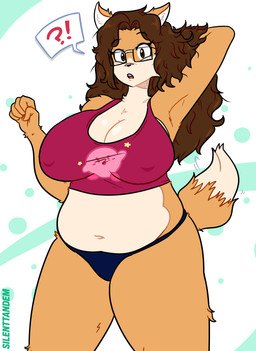 anthro big_breasts blue_background blue_clothing blue_panties blue_underwear breasts brown_body brown_eyes brown_fur brown_hair cleavage clothed clothing dipstick_tail exclamation_point eyelashes eyewear female fur glasses hair hand_behind_head long_hair looking_at_viewer markings navel nipple_outline open_mouth panties pink_clothing pink_topwear question_mark rectangular_glasses simple_background slightly_chubby solo speech_bubble tail tail_markings tan_body tan_fur thick_thighs topwear underwear white_background wide_hips silenttandem kirby_(series) nintendo kirby natalie_(kenzakisen) canid canine canis domestic_dog mammal shiba_inu spitz absurd_res hi_res