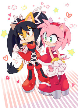 anthro black_hair boots brown_eyes clothing dress duo female footwear green_eyes hair hands_on_hips pink_hair red_boots red_clothing red_dress red_footwear red_hairband shoes smile twintails_(hairstyle) ririkuma sega sonic_the_fighters sonic_the_hedgehog_(series) amy_rose honey_the_cat domestic_cat eulipotyphlan felid feline felis hedgehog mammal hi_res