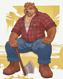 anthro arm_hair axe barazoku bodily_fluids body_hair bottomwear brown_hair chest_hair chest_tuft clothed clothing ear_piercing facial_piercing facial_tuft forearm_hair forearm_muscles forearms front_view grey_eyes grin hair looking_at_viewer lumberjack male manly mature_male musclegut muscular muscular_arms nose_piercing open_clothing open_shirt open_topwear pants pattern_clothing pattern_shirt pattern_topwear piercing plaid plaid_clothing plaid_shirt plaid_topwear rolled_up_sleeves shirt slightly_chubby smile solo spread_legs spreading stocky suspenders sweat sweatdrop topwear torn_bottomwear torn_clothing torn_pants tuft undershirt white_undershirt chonkyjohn tony_(daretobear) bear brown_bear grizzly_bear mammal ursine 2025 hi_res