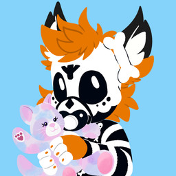 alternative_fashion ambiguous_anthro ambiguous_gender anthro black_body black_sclera blue_background bone claws clothing dipstick_ears ear_markings finger_claws fingerless_(marking) goth holding_object holding_plushie markings multicolored_ears neonate orange_body pacifier plushie simple_background skull skull_head topwear white_body young wuta-tumaki build-a-bear mammal 1:1 hi_res