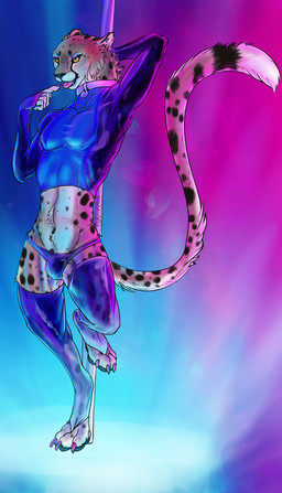 anthro balls black_nose clothed clothing collar colored_nails crossdressing eyeshadow fur genitals latex latex_clothing latex_skinsuit legwear makeup male markings mascara nails panties partially_clothed pawpads paws pole skinsuit solo spots spotted_body spotted_fur stockings table_dance tight_clothing underwear dergepard_(artist) cheetah felid feline mammal hi_res