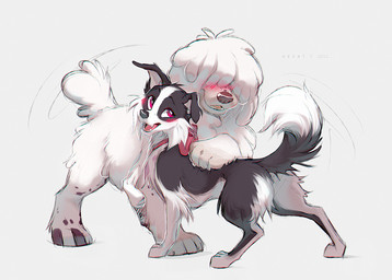 ambiguous_gender black_body black_fur black_nose blush blush_lines brown_nose cheek_tuft duo facial_tuft female feral floppy_ears fur grey_background hug looking_at_another multicolored_body multicolored_fur open_mouth open_smile purple_eyes simple_background size_difference smile tail tail_motion tailwag teeth tuft two_tone_body two_tone_fur white_body white_fur azzai border_collie canid canine canis collie domestic_dog herding_dog mammal pastoral_dog sheepdog 2022 colored colored_sketch digital_drawing_(artwork) digital_media_(artwork) shaded sketch