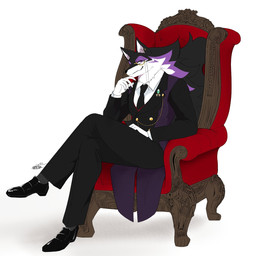 accessory anthro black_body black_fur bottomwear clothing eyewear footwear fur kemono male monocle multicolored_body multicolored_fur necktie purple_body purple_eyes purple_fur shoes simple_background sitting_on_armchair solo topwear vest white_background white_body white_fur tiger_subaru iroha_mugen_(tiger_subaru) canid canine canis mammal wolf hi_res