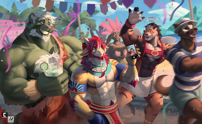 2_horns ^_^ anthro arm_tuft armband beach beard beverage black_body black_fur black_hair claws clothed clothing confetti conga_line elbow_tuft electronics eyes_closed facial_hair fake_halo feathered_crest feathers finger_claws fur green_body green_fur group hair hat head_crest headgear headwear holding_beverage holding_object holding_phone holidays horn jewelry logo long_hair male mountain multicolored_body multicolored_fur multicolored_scales necklace nipples orange_body orange_fur outside palm_tree phone plant red_body red_hair red_scales scales sea smile striped_body striped_fur stripes topless tree tuft water white_body white_clothing white_fur white_hair white_hat white_headwear white_scales wristband yellow_body yellow_scales nexus carnival_(holiday) mythology moner tuez_(sollyz) wediz_(sollyz) canid canine dragon felid mammal mythological_creature mythological_scalie pantherine scalie tiger 2022 artist_logo hi_res