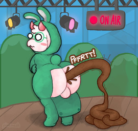 anthro anus backsack balls big_butt biped blush butt butt_flap clothing colored_lighting costume emanata excessive_feces eyewear fart feces feces_on_ground feces_pile femboy floor fur fursuit genitals glasses holding_belly horn hyper hyper_feces looking_back male male_pooping movie_set onesie pink_anus pooping pooping_on_floor rabbit_ears rabbit_fursuit rear_view recording scatplay sign solo sound_effects stage stage_lights stink_fumes vowelless vowelless_sound_effect wearing_glasses white_body white_fur wide_eyed wood wood_floor pincoosh deltarune undertale_(series) ralsei boss_monster_(undertale) mammal digital_media_(artwork) hi_res signature