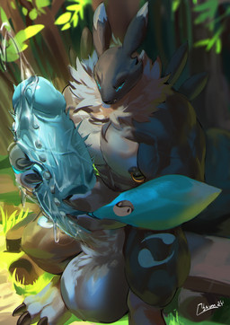 3_fingers anthro armwear armwear_only balls big_balls big_penis black_body black_fur blue_penis bodily_fluids bridal_gauntlets bridal_gauntlets_only claws clothing detailed_background dipstick_ears double_tomoe ear_markings excessive_genital_fluids excessive_precum eyes_closed facial_markings fingers fur genital_fluids genitals gloves_(marking) grey_body grey_fur head_markings huge_balls huge_penis humanoid_genitalia humanoid_penis hyper hyper_balls hyper_genitalia hyper_penis ladder_piercing leg_markings male markings masturbation mostly_nude multicolored_ears muscular muscular_male neck_tuft nipple_piercing nipples outside penis piercing plant precum sitting socks_(marking) solo tomoe_(symbol) tree tuft two-handed_masturbation vein veiny_penis yin_yang obaum bandai_namco digimon fan_character canid digimon_(species) mammal renamon 2024 hi_res signature