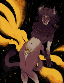 anthro balls bottomless bottomless_anthro bottomless_gynomorph bottomless_intersex brown_body brown_fur brown_hair clothed clothing crop_top erection fur genitals gynomorph hair half-closed_eyes humanoid_genitalia humanoid_penis intersex multicolored_body multicolored_fur narrowed_eyes open_mouth open_smile penis shirt smile solo sweater tan_body tan_fur topwear two_tone_body two_tone_fur vein veiny_penis yellow_sclera jojoekaki domestic_cat felid feline felis mammal hi_res