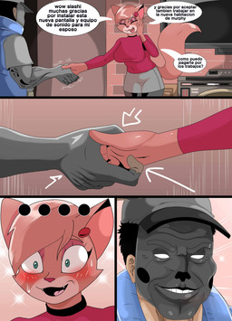 5_fingers anthro appliance aroused baseball_cap bent_arm big_breasts big_eyes biped black_hair blue_clothing blue_topwear blue_vest blush blush_lines blushing_profusely bodily_fluids bottomwear breasts brick_wall brown_body brown_ears brown_eyebrows brown_fur brown_tail cheek_tuft clothed clothed_anthro clothed_female clothed_human clothed_male clothing countershade_face countershade_fur countershading curved_eyebrows dialogue directional_arrow duo earpiece eyebrows eyelashes eyes_closed eyeshadow facial_tuft fangs female fingers fully_clothed fully_clothed_anthro fully_clothed_female fur fur_tuft gesture glistening glistening_body glistening_eyelids glistening_eyes glistening_fur glistening_hands glistening_tail green_eyes grey_baseball_cap grey_bottomwear grey_clothing grey_eyebrows grey_hat grey_headwear grey_legwear grey_mask grey_miniskirt grey_shirt grey_skirt grey_stockings grey_topwear hair hand_on_cheek hand_on_face hand_on_own_cheek hand_on_own_face handshake hat head_tuft headgear headwear humanoid_hands inside internal_wall iris kitchen_appliance legs_together legwear light_body light_fur light_skin long_eyelashes looking_at_viewer makeup male male/female mask mature_anthro mature_female miniskirt motion_lines motion_outline name_drop name_in_dialogue open_mouth open_smile oven pink_clothing pink_eyeshadow pink_inner_ear pink_sweater pink_tongue pink_topwear pointy_ears prick_ears pseudo_hair pupils red_blush red_nose self_insert shirt short_hair skirt smile snout sparkles standing stockings sweat sweatdrop sweater tail talking_to_another teeth text thick_thighs three-quarter_view tickling tongue topwear translucent tuft vest wall_(structure) white_body white_countershading white_eyes white_fur white_sclera wide_eyed slasheramaya murphy_and_mitzi delia_(ajmarekart) slashi domestic_cat felid feline felis human mammal 2025 absurd_res comic digital_drawing_(artwork) digital_media_(artwork) hi_res spanish_text translated