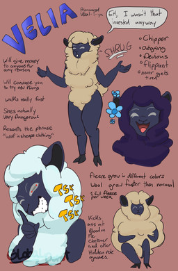 anthro dialogue female fluffy gesture lore red_eyes shrug smile smiling_at_viewer sneaky solo text globaldonut34 velia_(globaldonut34) bovid caprine mammal sheep absurd_res english_text hi_res model_sheet