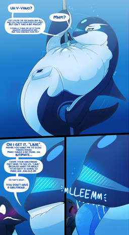 animal_genitalia animal_vulva belly belly_squish big_belly black_body blue_blush blue_eyes blue_fin blue_tongue blush bodily_fluids cetacean_genitalia cetacean_vulva dancing dialogue dolphin_tail duo female feral genitals male male/female pole pole_dancing saliva speech_bubble squish talking_feral text tongue underwater vore vulva water white_belly dolphinproject linus_(dolphinproject) yano_(dolphinproject) aquatic avian bird cetacean dolphin mammal oceanic_dolphin orca penguin toothed_whale 2026 absurd_res comic english_text hi_res