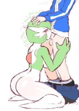 balls blush breasts butt chest_spike deep_throat duo erection fellatio female female_humanoid genitals green_body green_hair hair human_on_humanoid interspecies kneeling male male/female not_furry oral oral_penetration penetration penile penis pokephilia sex simple_background spikes spikes_(anatomy) white_body juggryph nintendo pokemon calem_(pokemon) gardevoir generation_3_pokemon human humanoid mammal pokemon_(species) 2026 absurd_res hi_res