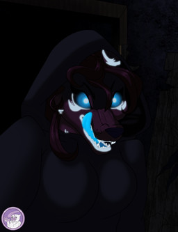 angry anthro cloak clothing door female glowing glowing_eyes glowing_tongue growling hood impending_doom jackalys licking licking_lips loom markings snarling tongue tongue_out hyperchibiabsol canid canine canis jackal mammal absurd_res hi_res