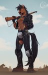 5_fingers abs anthro athletic athletic_anthro athletic_male barefoot bedroom_eyes belt black_body black_fur bondage_gear bottomwear brown_body brown_fur brown_nose chain chain_necklace chaps clothed clothing cloud crotch_armor crotch_plate crotchless_bottomwear crotchless_clothing crotchless_pants day dirt dirty equine_mane feathering feet fingerless_gloves fingers fur fur_hair furgonomic_bottomwear furgonomics gloves gold_(metal) gold_chain gold_chain_jewelry grey_hooves gun handwear harness holding_gun holding_object holding_ranged_weapon holding_rifle holding_weapon hooved_plantigrade hooved_toes hooves horse_tail jacket jewelry knee_pads leather leather_bottomwear leather_clothing leather_gloves leather_handwear leather_harness leather_jacket leather_pants leather_topwear logo long_tail looking_at_viewer low-angle_view male mane multicolored_body multicolored_fur narrowed_eyes navel necklace open_clothing open_jacket open_topwear outside pants pecs plant plantigrade pose raider ranged_weapon rifle rifle_on_shoulder seductive sky smile solo standing tail teeth toothy_smile topwear tree two_tone_body two_tone_fur wasteland weapon yellow_eyes nerton marvin_(marvin) equid equine horse mammal 2024 artist_logo artist_name hi_res shaded