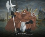 anthro armor beak big_muscles bodily_fluids brown_body clothing expansion feathered_wings feathers feet growth huge_muscles hyper hyper_muscles male muscular muscular_anthro muscular_male pecs simple_background solo text weapon wings vezerem elden_ring elden_ring_nightreign fromsoftware guardian_(nightreign) accipitrid accipitriform avian bird 6:5 hi_res